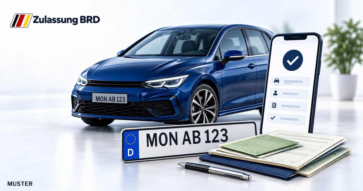 Online Fahrzeugzulassung in Monschau: Musterkennzeichen MON AB 123, Auto und Fahrzeugpapiere und Smartphone. Illustration mit Logo von Zulassung BRD.